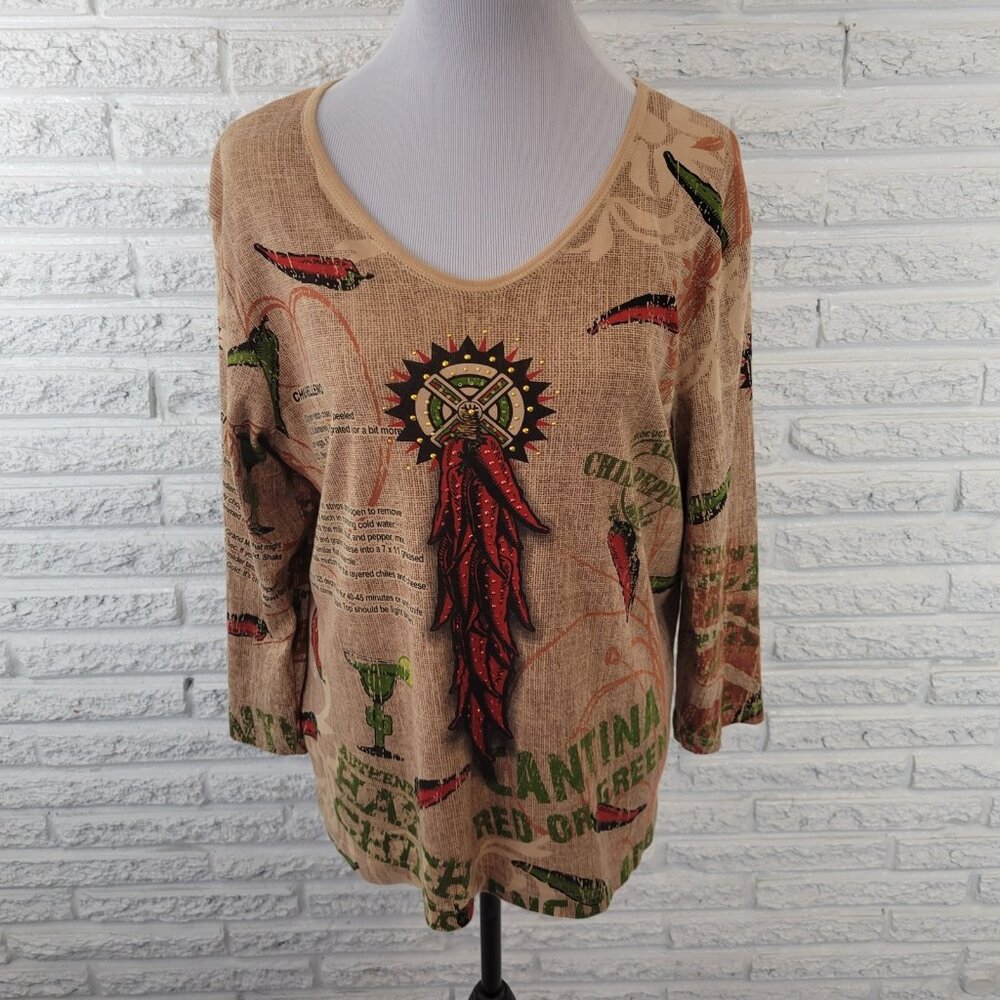 Cactus Bay Womens Top XL Tan Artsy Latin America Recipes Chile Relleno C11E